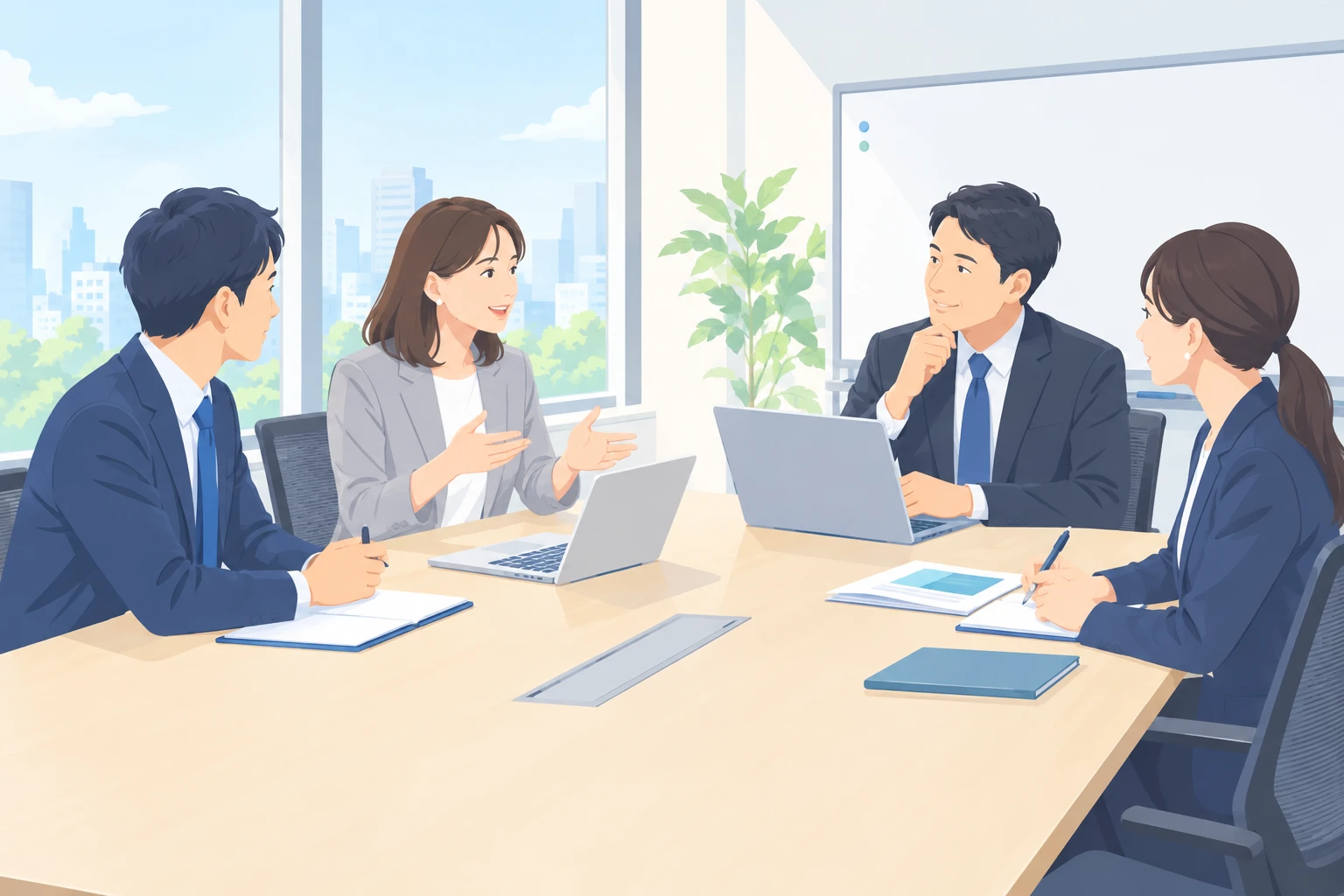 大きな窓から街並みと緑が見え、観葉植物とホワイトボードのある明るい会議室で、同じ4人が木目の長机を囲み、ノートパソコンとノートを前に和やかに話しているイラスト