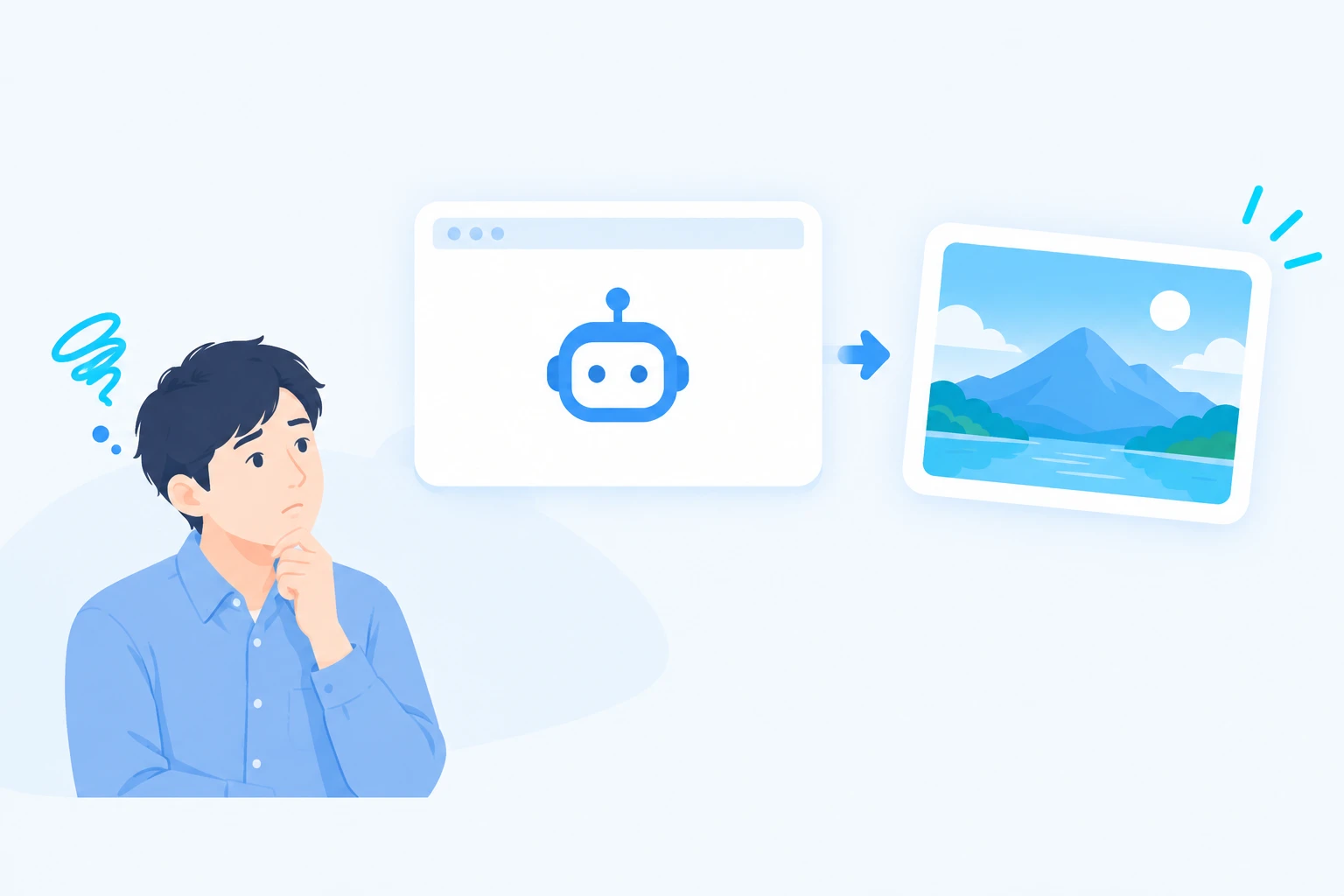 1つのAIの画面から風景画像が1枚だけできあがり、人がその1枚でよいのか迷っているイラスト