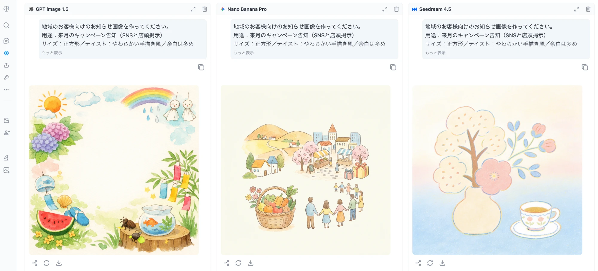 GMO天秤AIの画像生成の画面。お知らせ画像を頼む同じ指示に、GPT image 1.5・Nano Banana Pro・Seedream 4.5が、それぞれ絵柄の違う手描き風の画像を描いて横に並んでいる